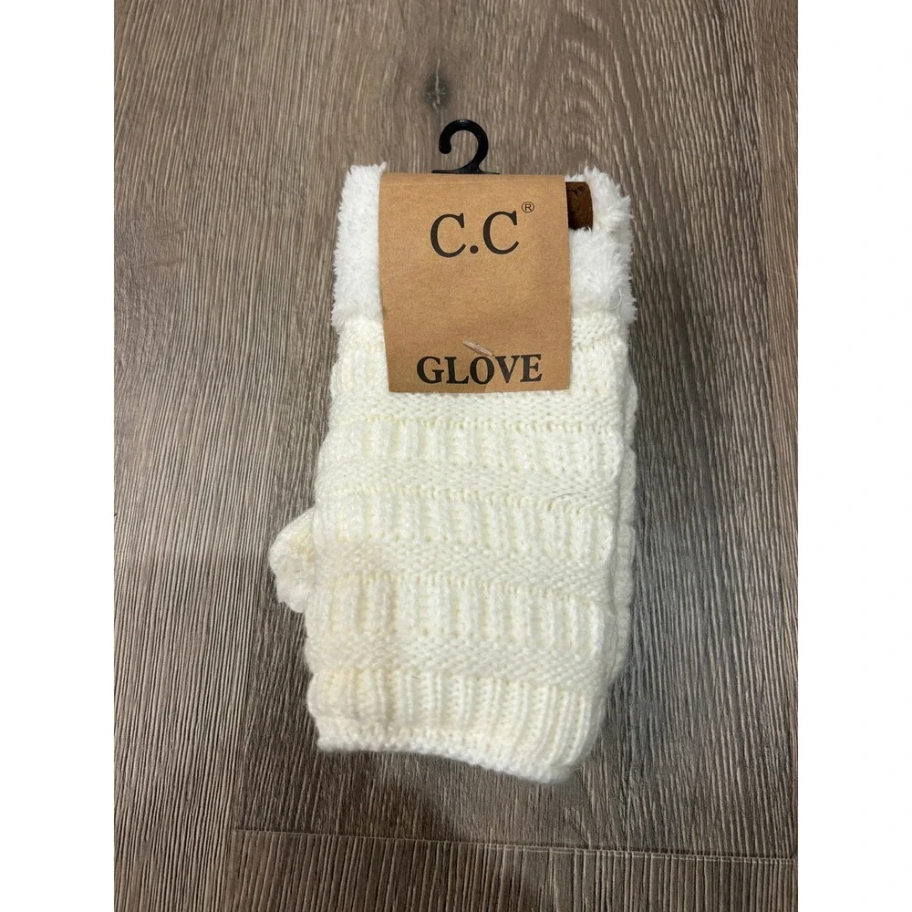 C.C Ivory Cable Knit Sherpa Lined Fingerless Gloves FLG-25 Womens Winter Mittens